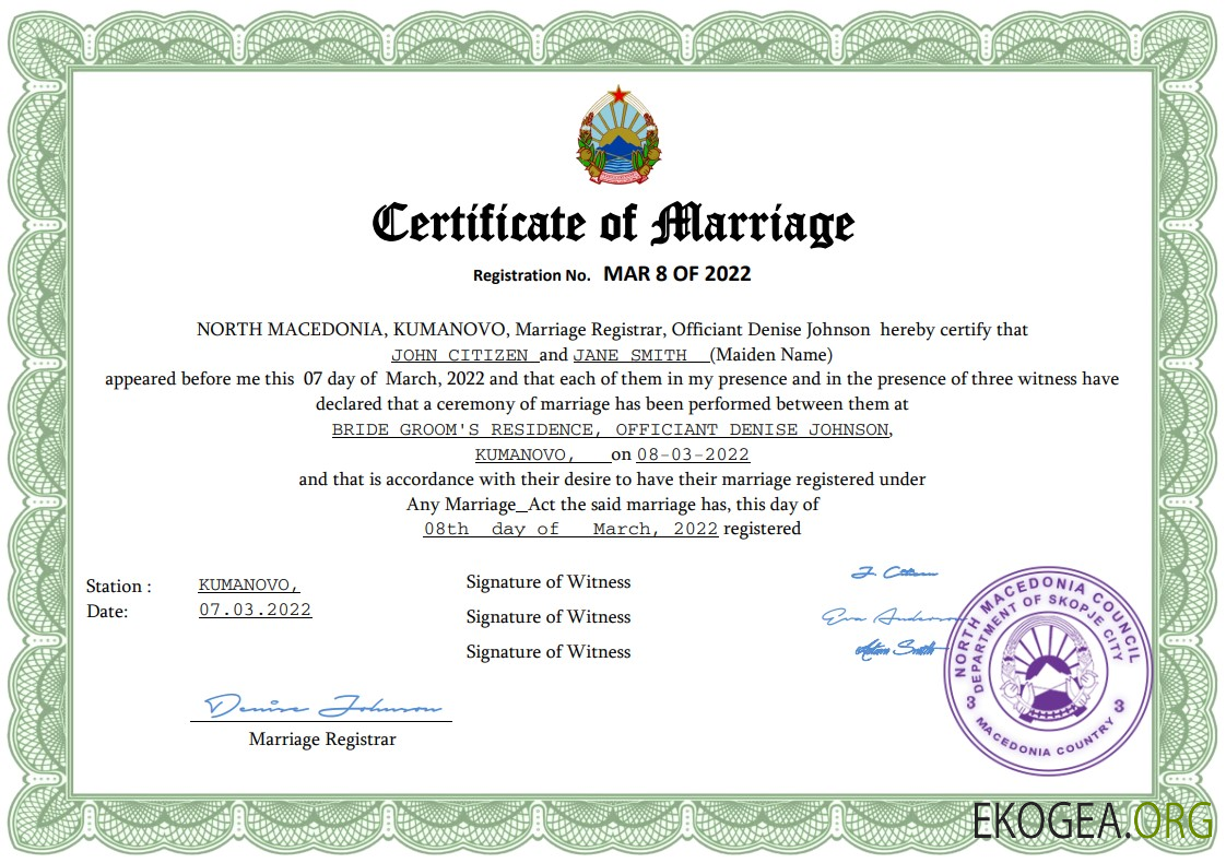 Modèle Word et PDF d'acte de mariage en Macédoine du Nord